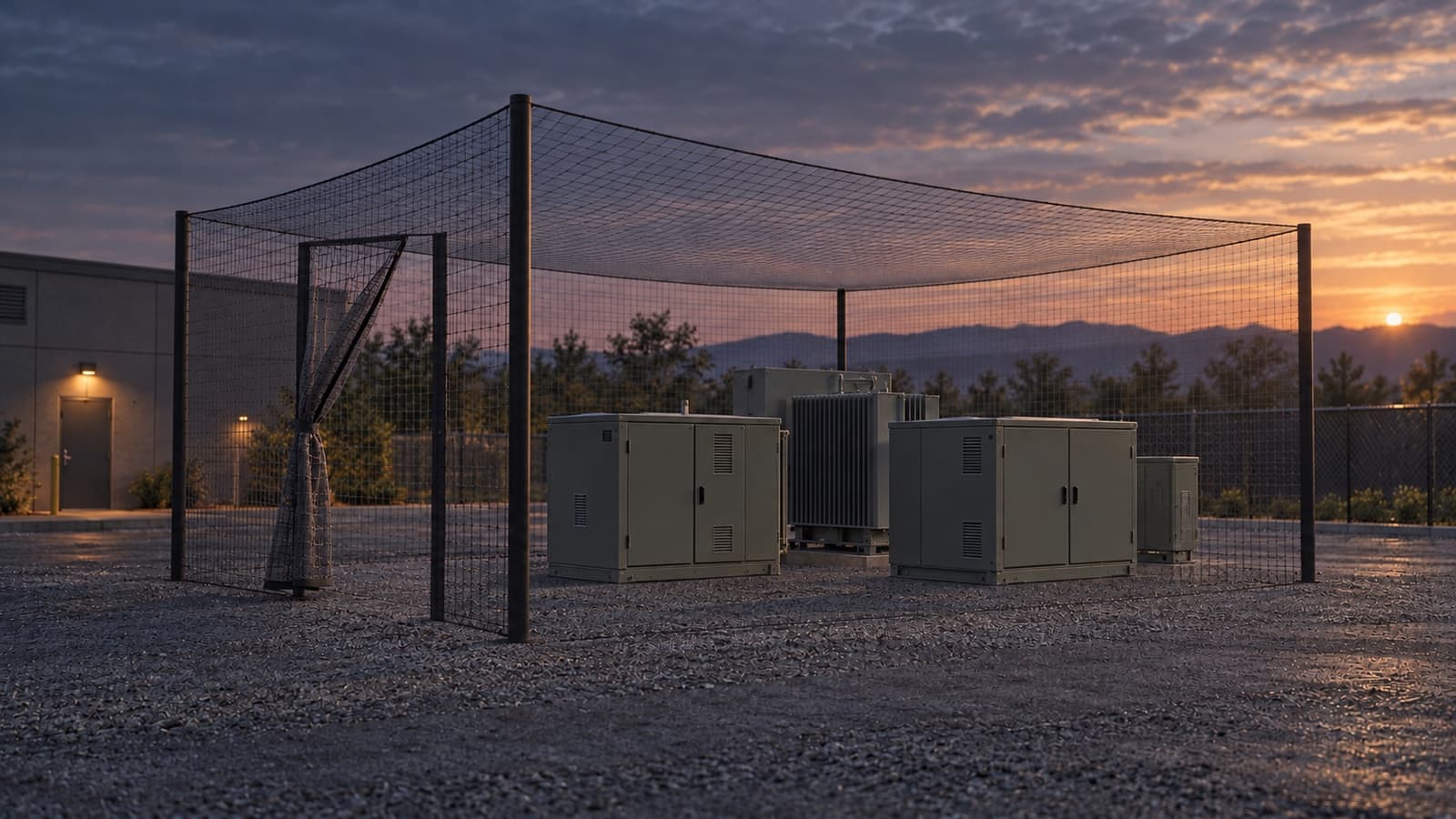 Concept rendering of a net enclosure around electrical equipment, with overhead coverage, side netting, and a service entrance.
